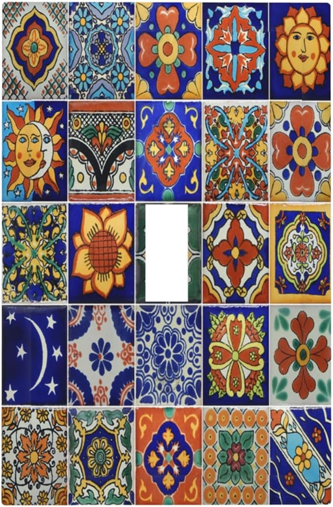 Decorative Light Switch Cover Mid Century Talavera Shaped Tiles 1 Gang Single Toggle Device Electrical Faceplate Switchplates Decorator Outlet Wall Plate for Bedroom Bathroom Decor