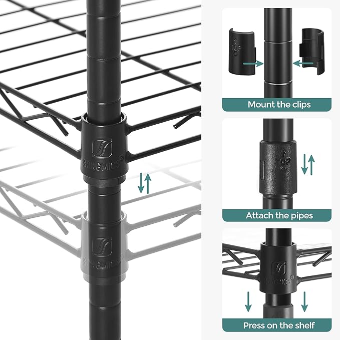 SONGMICS 5-Tier Storage Unit, Wire Shelving, Kitchen Metal Rack With Adjustable Shelves, Shelf Liners, 8 Hooks, for Garage, 11.8 x 35.4 x 63 Inches, Black ULGR095B01