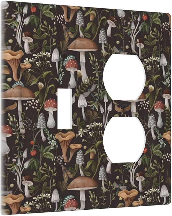 Vintage Boho Plant Mushroom Floral Leaf Decorative Light Switch Cover Plate 1 Toggle/1 Duplex Outlet Covers 2 Gang Combo Gfci Wall Plate Electrical Receptacle Switchplate for Bathroom Decor