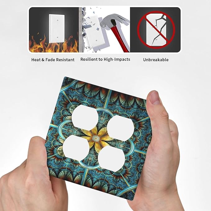 Decorative Light Switch Cover Plate Boho Fractal Mandala Bohemia 2 Gang Socket Covers Double Duplex Wallplates Switch Plates and Outlet Covers for Bedroom Home Decor