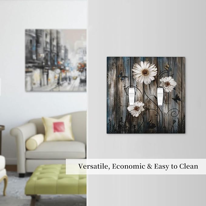 Rustic Wood Background Floral Butterfly Daisy Decorative Switch Plates 2 Gang Double Toggle Outlet Light Switch Cover Wall Plate Electrical Faceplate for Farmhouse Bedroom Decor