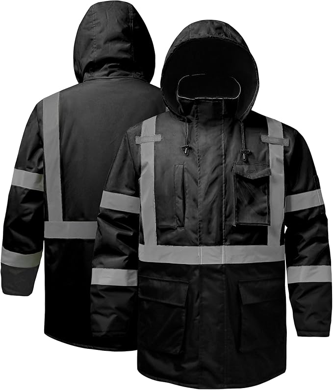 Reflective Jacket, High Visibility Parka, Waterproof Hi Vis, Safety Jacket with Removable Hood and Zipper, ANSI Class 3 (Black,Large)