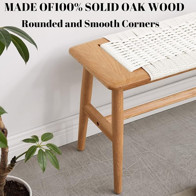 Wood Dining Bench,100% Natural Solid Oak with Rattan Design, Rounded Edge, Bench for Entryway Hall, Dining Room,Bedroom, Living Room (Off-White, 31.49 inch)