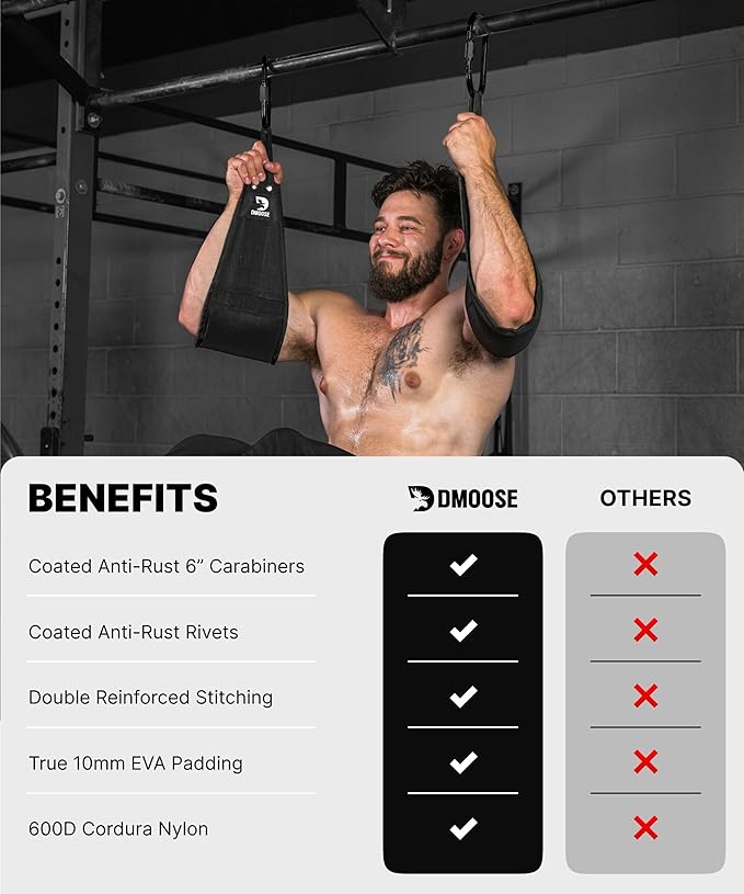 DMoose Fitness Hanging Ab Straps for Pull Up Bar & Core Strength Training - Thick Padded Arm Strap for Ab Swing with 2 Rust-Resistant Carabiners - Pull Up Straps for Ab Workouts at Home and Gym