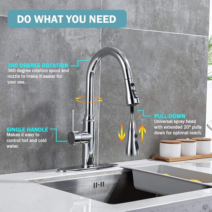 Kitchen Faucet with Pull Down Sprayer, Chrome Faucet for Kitchen Sink Stainless Steel Kitchen Faucets, Single Handle 1 or 3 Hole Faucet with Escutcheon for RV, Outdoor, Laundry & Utility Room Sink