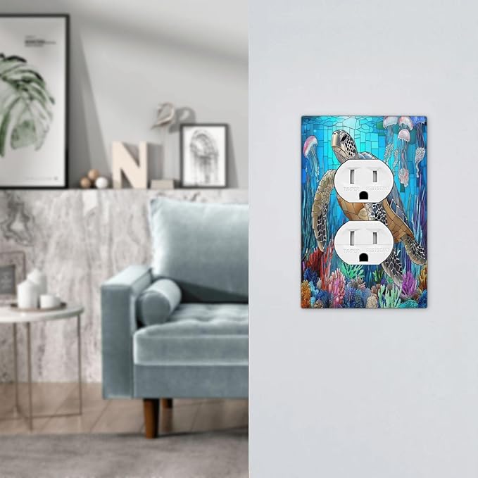 Outlet Covers Nautical Sea Turtle Coral Jellyfish 1 Gang Duplex Light Switch Cover Decorative Switch Plates Electrical Receptacle Faceplate Wall Plate For Kids Room Nursery Decor