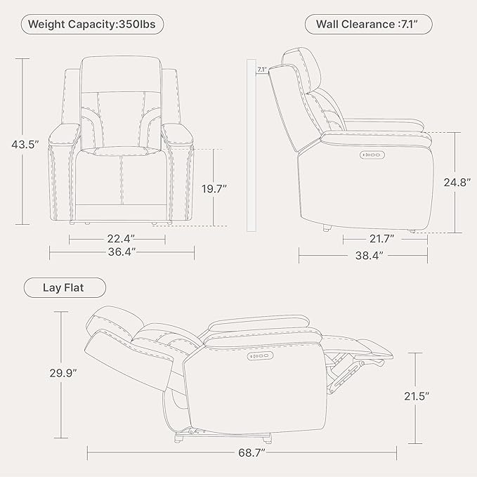 Watson & Whitely Genuine Leather Electric Recliner Chairs for Adults, Lay Flat Recliner with Power Headrest & Chargers for Living Room, Blue