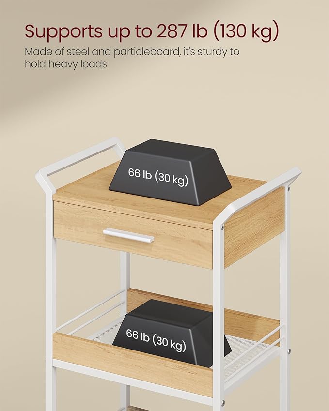 VASAGLE Storage Cart, 4-Tier Rolling Utility Cart with Table Top, Handles, 4 Lockable Casters, Top Drawer, Mesh Shelves, for Kitchen, Bathroom, Bedroom, Golden Oak and Cloud White ULRC049N01