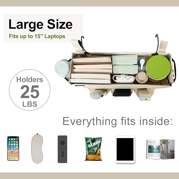 Surblue Bedside Organizer with Hook Caddy Hanging Storage Bag with Adjustable Straps and Water Bottle Holder for Home, College Dorm, Bunk Bed Accessories, Crib, Hospital Bed, Beige