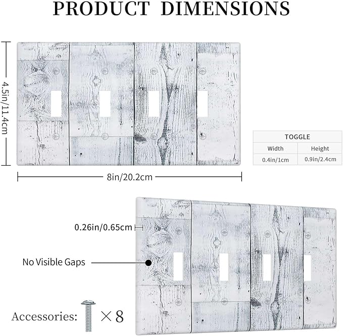 Light Switch Covers Vintage Grey White Wood Grain Quad Toggle Electrical Faceplate 4 Gang Wall Plate Decorative Switch Plates for Farmhouse Bathroom Decor