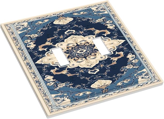Decorative Light Switch Cover Plate Boho Beige Navy Blue Medallion 2 Gang Switch Plate Covers Double Toggle Wall Plate Dual Device Faceplate for Country Bathroom Bedroom Decor