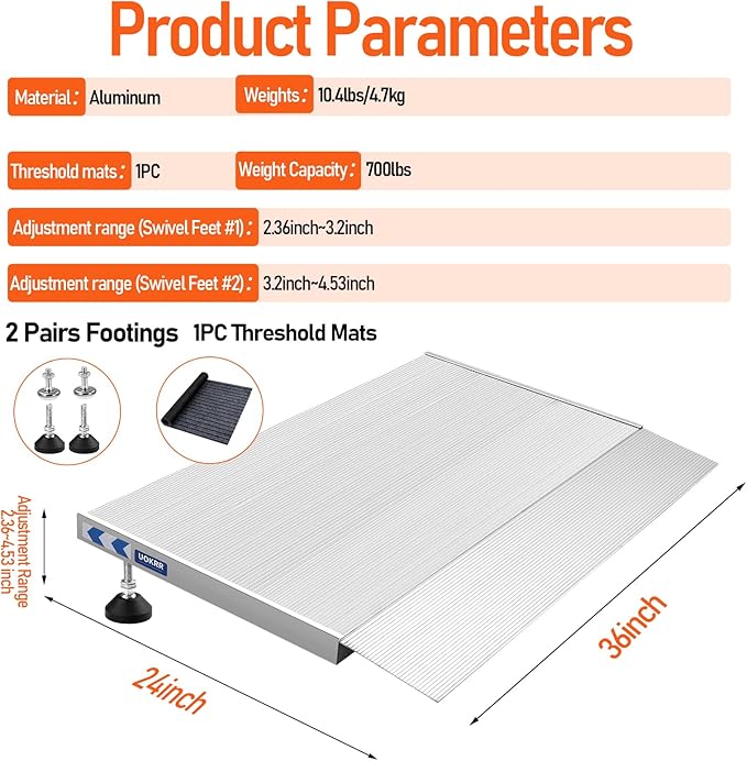 Threshold Ramp for Wheelchairs, 1.6-4.7" Rise and 24"×36" Platform Aluminum Wheelchair Ramp, Door Threshold Ramps with a Non-Slip Thick Door Mat
