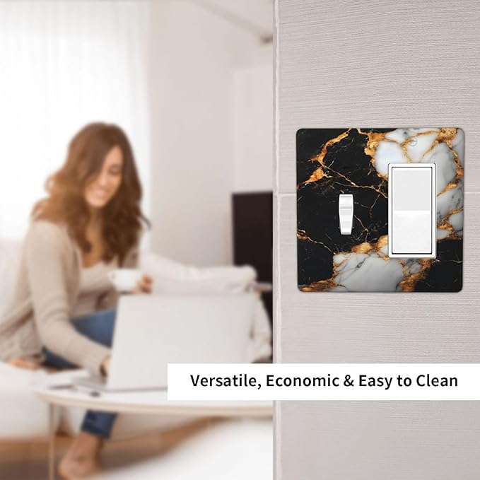 Decorative Outlet Covers Black Gold Marble 2-Gang Combo Light Switch Cover Plate Single Toggle/Rocker Wall Plate Plug Switch Plate Covers for Country Bathroom Bedroom Decor