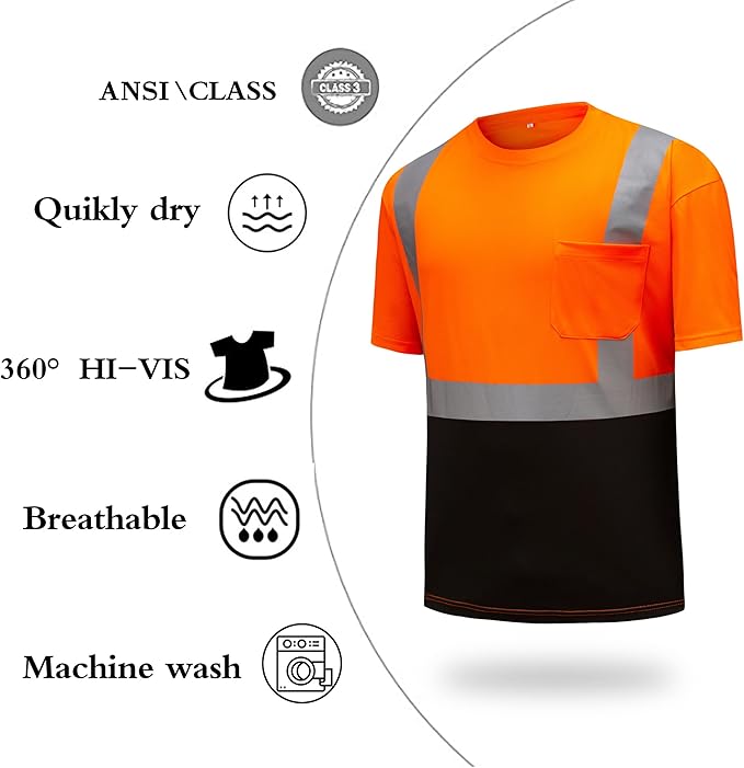 High Visibility Shirts Quick Dry Safety T Shirts with Reflective Strips and Pocket Short Sleeve Mesh Hi Vis Construction Work Class 2 Shirt for Men/Women Black Bottom Orange,2XL