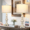 27.5" Beige Farmhouse Table Lamps for Living Room, Rustic Bedside Lamps with USB C+A Ports & AC Outlet, Vintage Bedroom Lamp Set of 2, Tradition Night Stands Lamp for Side End Table Desk