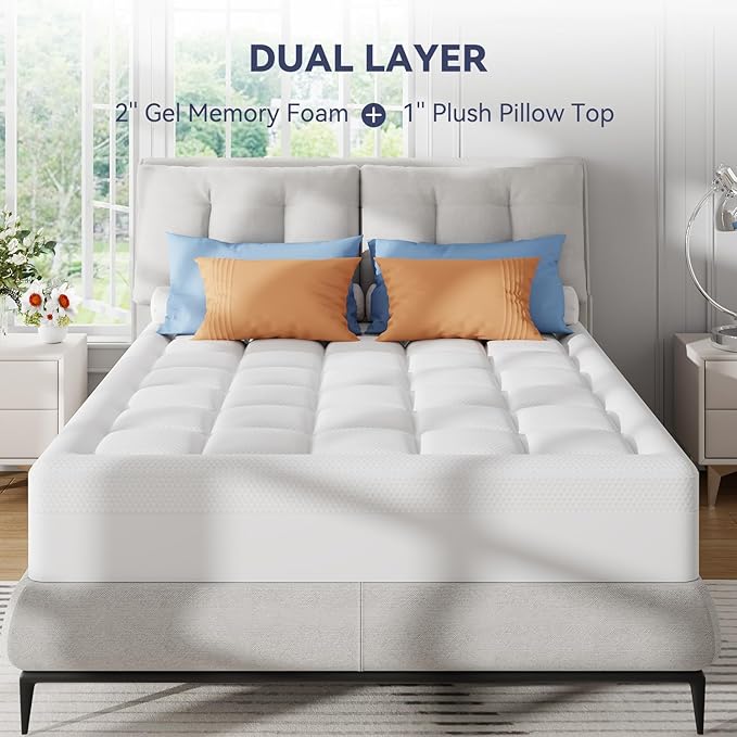 ELEMUSE Twin XL Size Dual Layer 3 Inch Memory Foam Mattress Topper for Pressure Relief, Breathable Pillow Top Mattress Pad with Deep Pocket, Enhanced Support, Non-Slip Design & Removable & Washable