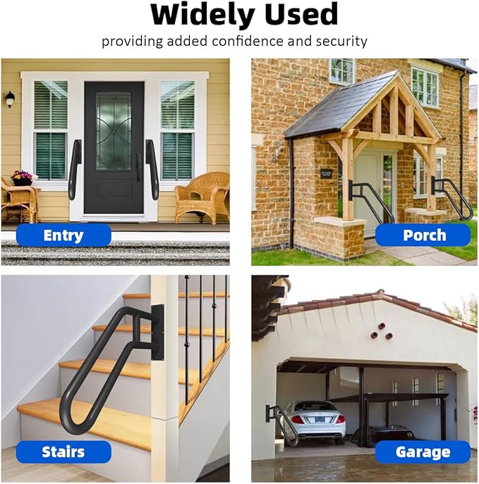 Hand Rails for Outdoor Steps Stair Railing Indoor Rail Metal Heavy Duty Non-Slip 1-3 Step Wall Mount Grab Bars U-Shape Safety Handle Garage Porch Courtyard Doorways (23")