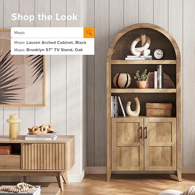 mopio Lauren 65.4" Short Arched Cabinet, 5-Tier Arched Bookcase with Doors and Shelves, Mini Arch Bookshelf with Storage, Wooden Storage Cabinet for Living Room and Kitchen Pantry (Oak)