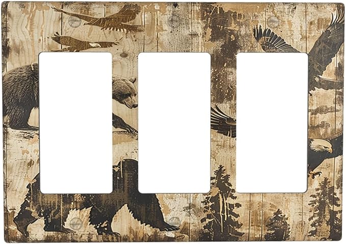 Light Switch Covers Vintage Cabin Wildlife Animal Bear Eagle Forest 3 Gang Rocker Electrical GFCI Decorative Triple Outlet Wall Plate Cover Switchplate for Farmhouse Bedroom Decor