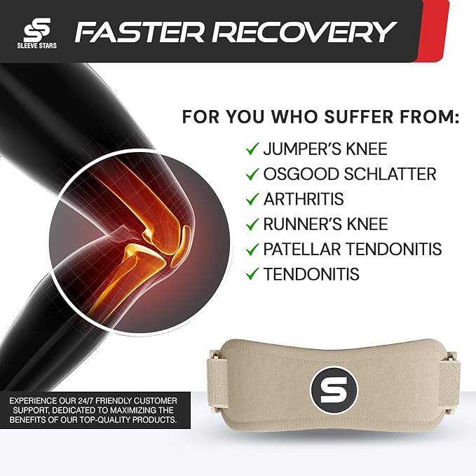Sleeve Stars Swedish Brand Patellar Tendon Support Strap for Women & Men Effective Osgood Schlatter Knee Brace Youth & Kids Knee Brace with 3 Adjustable Length fits 12"-24" (Single/Beige/Adult)