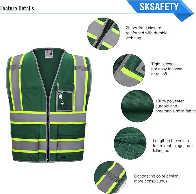 SKSAFETY 10 Pockets Safety Vest, Class 2 High Visibility Security with Zipper, Hi Vis Vest with Reflective Strips, ANSI/ISEA Standard, Construction Work Vest for Men ＆ Women （Green,5XL）