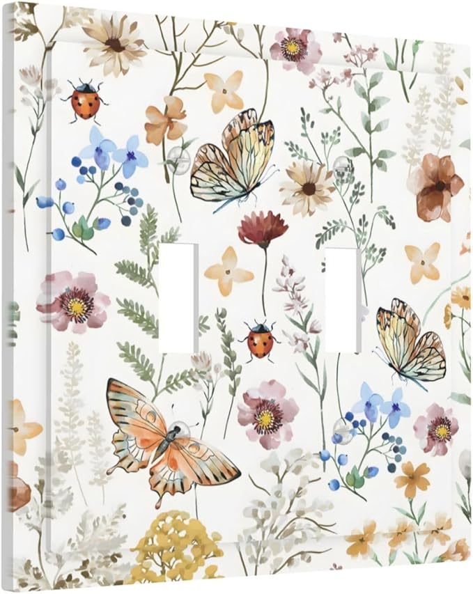 Boho Multicolor Flower Butterfly Insect Floral Decorative Switch Plates 2 Gang Double Toggle Outlet Light Switch Cover Wall Plate Electrical Faceplate for Bedroom Living Room Decor