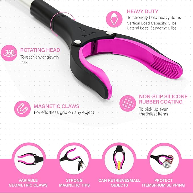 2 Pack 32 inch GrabRunner Reacher Grabber Tool with Strong Magnetic and Swivel Head (New Pink)