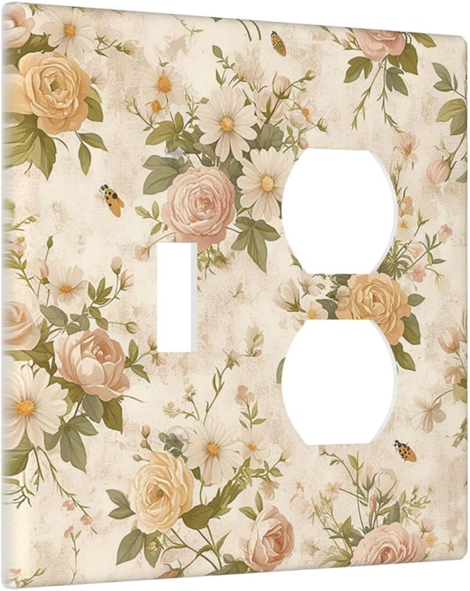 Wallplates Boho Vintage Roses Pink Red Yellow Bouquet Floral 1 Toggle 1 Duplex Switch Plate Electrical GFCI Faceplate Decorative Light Switch Covers for Bedroom living Room Decor
