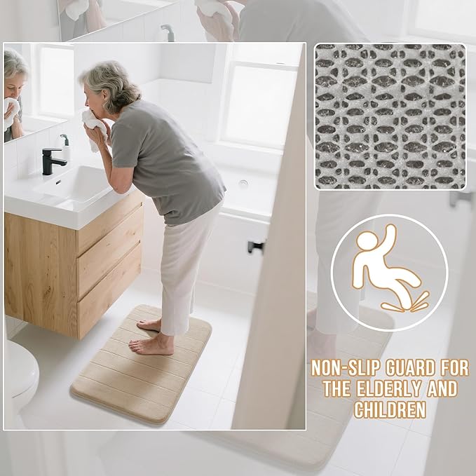 Yimobra 3 Pieces Memory Foam Bath Mat Set with U-Shaped Toilet Rug - Non Slip Super Soft Absorbent Quick Dry Bathroom Rugs for Bathtub, Vanity & Toilet Base, Beige