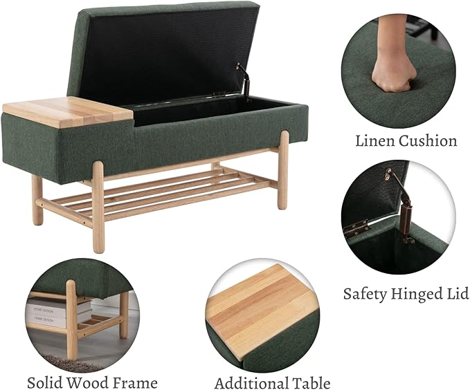 EALSON Modern Storage Bench for Bedroom End of Bed Linen Upholstered Entryway Bench with Shoe Rack Ottoman Window Bench with Wood Frame Farmhouse Long Seating Bench for Hallway/Foyer, Green