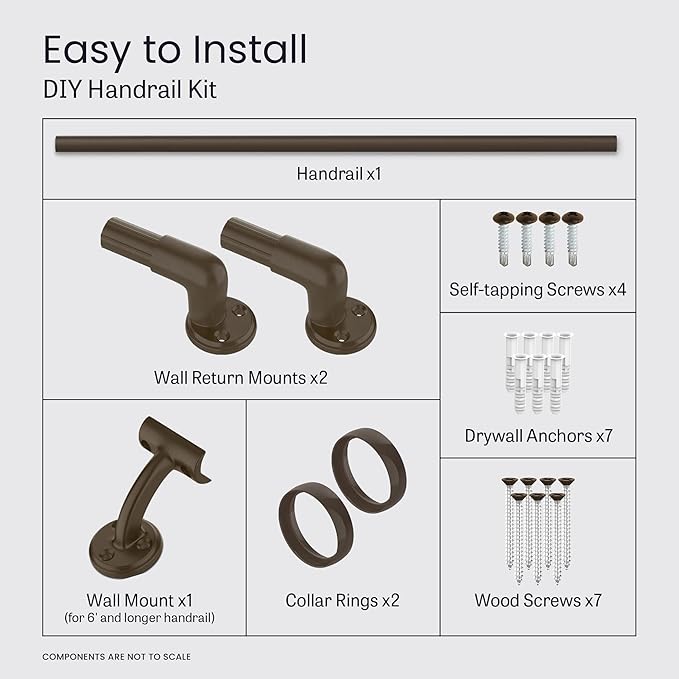 Meranti Aluminum Handrail for Stairs - ADA Compliant Wall Returns - Handrails for Indoor Stairs - Metal Handrail, Powder Coated for Outdoor Environment, DIY Handrail Kit (WHR, Bronze Textured, 7' L)