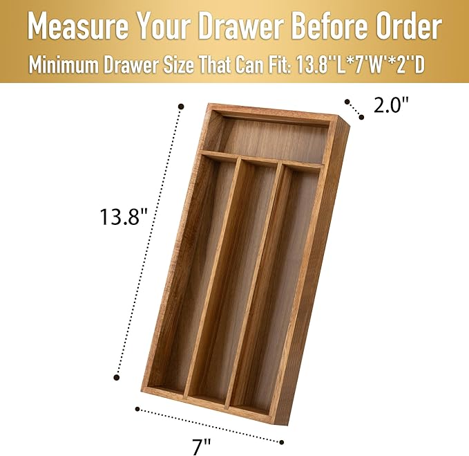 Acacia 4 Slot Silverware Drawer Organizer - Cutlery Holder with Flatware Tray