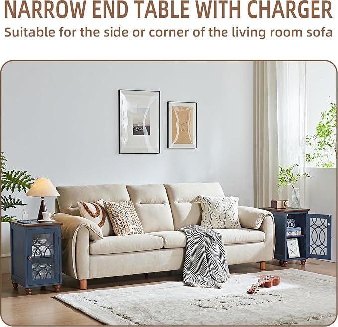 Narrow Side Table with Charging Station Set of 2, Night Stand with Glass Door,Bedside End Tables with Adjustable Shelf Storage Cabinet,Wood Nightstand for Small Spaces Living Room Bedroom