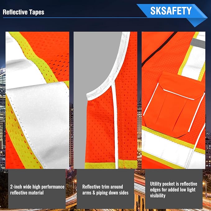 SKSAFETY 10 Pockets Professional Level Safety Vest - Class 2 High Visibility Vest with Zipper, ANSI/ISEA Standard - Construction Work Vest (Orange, M)