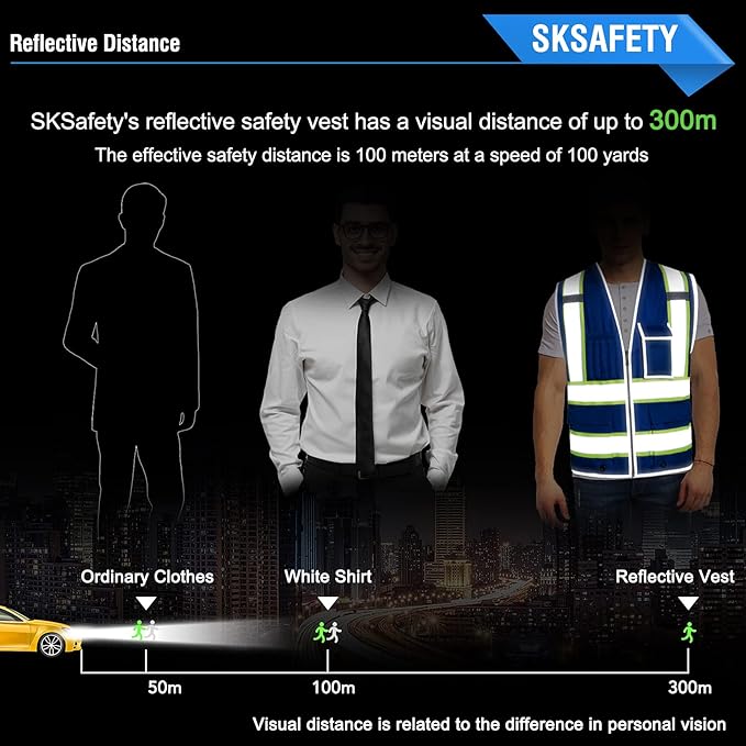 SKSAFETY 10 Pockets Safety Vest, Class 2 High Visibility Security with Zipper, Hi Vis Vest with Reflective Strips, ANSI/ISEA Standard, Construction Work Vest for Men ＆ Women （Blue, M）