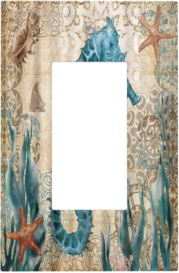 Vintage Blue Seahorse Seaweed Starfish Ocean Nautical Theme Single Rocker Light Switch Cover 1 Gang Outlet Cover Decorative Gfci Electrical Wall Plate Dimmer Switchplate for Farm Home Decora