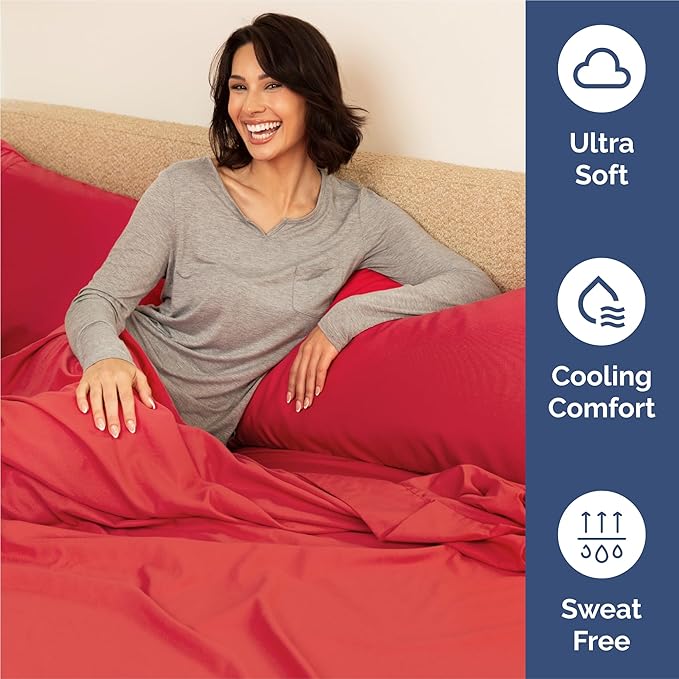 Split King 7 Piece Sheet Set - Cooling & Breathable Bed Sheets - Hotel Luxury Bed Sheets for Women, Men, Kids & Teens - Bedding w/Deep Pockets & Easy Fit - Soft & Wrinkle Free - Split King Red Sheets