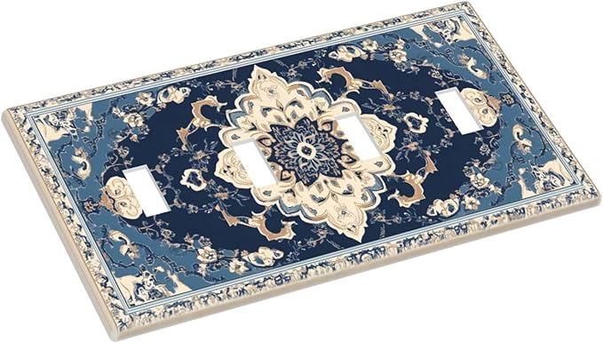 Decorative Switch Plate Covers Boho Beige Navy Blue Medallion 4 Gang Light Switch Cover Plate Quad Toggle Wall Plate Dimmer Faceplate for Country Bathroom Bedroom Decor