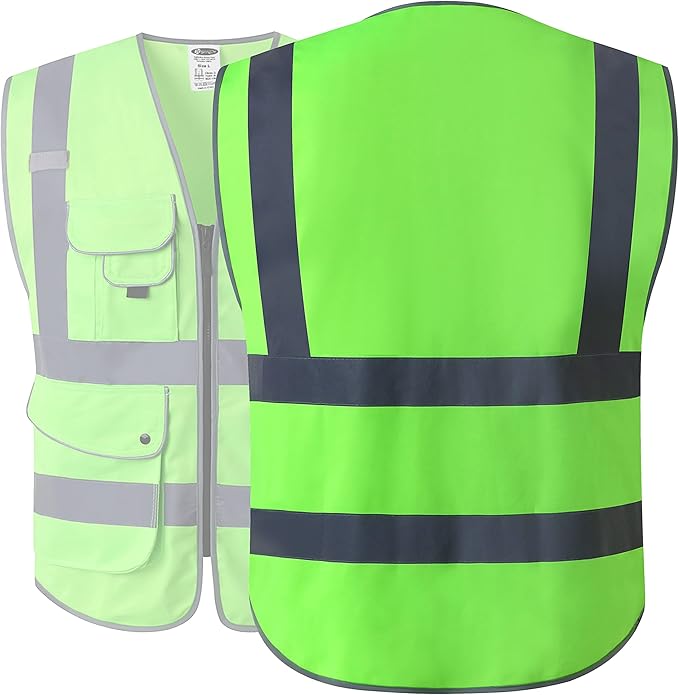 JKSafety 9 Pockets Class 2 High Visibility Zipper Front Safety Vest With Reflective Strips, Meets ANSI/ISEA Standards (150-Green, XX-Large)