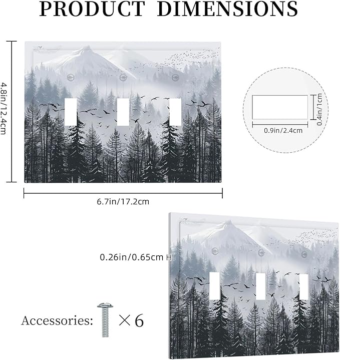 Misty Forest Nature Tree Mountain Birds Decorative Switch Plates 3 Gang Wall Plate Triple Toggle Light Switch Cover Faceplate Electrical Wall Panels for Bed Room Living Room Decor