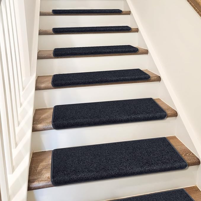 PURE ERA Bullnose Carpet Stair Treads Set Tape Free Non-Slip Indoor Stair Protectors Pet Friendly Rugs Covers Soft Skid Resistant Washable Reusable 9.5" x 30"(2 Pieces,Black)