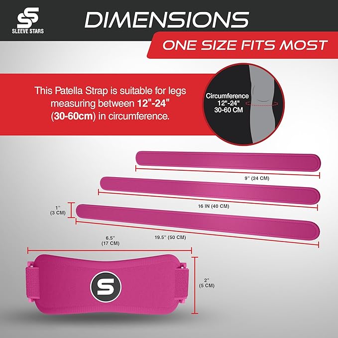 Sleeve Stars Swedish Brand Patellar Tendon Support Strap for Women & Men Effective Osgood Schlatter Knee Brace Youth & Kids Knee Brace with 3 Adjustable Length fits 12"-24" (Single/Hot Pink/Adult)