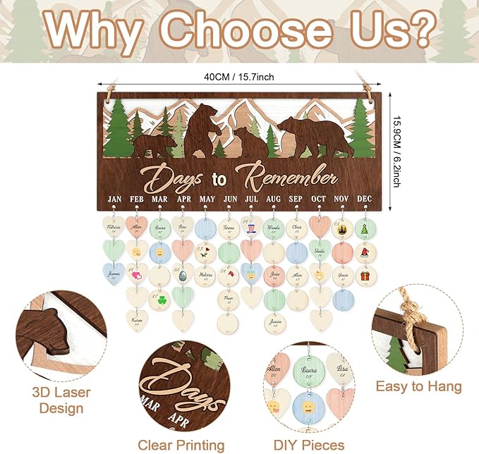 CHDITB 3D Days to Remember Birthday Calendar Wall Hanging(16”x7”), Woodland Bear Nursery Themed Family Birthday Reminder Tracker with Tags, Wooden DIY Gifts for Mother Grandma Friends Family