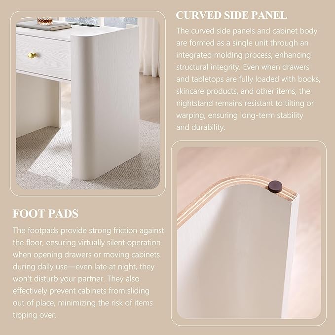 23.6" Tall Modern Nightstand with Charging Station, 22" Wide Curved Bedside Table with 1 Storage Drawer, Wooden Night Stand, Large End Table for Bedroom, Living Room, White