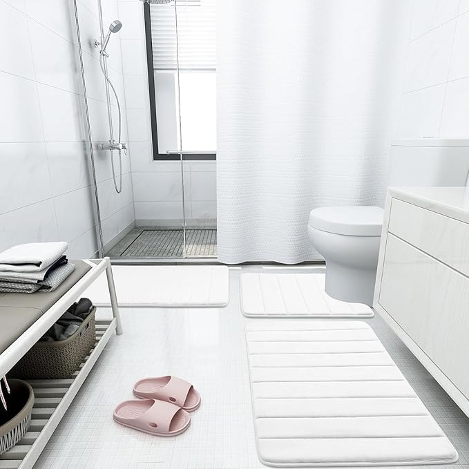Buganda Memory Foam Bath Mat, 47" x 17", Ultra Soft and Non-Slip Bathroom Rugs, Water Absorbent and Machine Washable Bath Rug Runner for Bathroom, Shower, and Tub, White