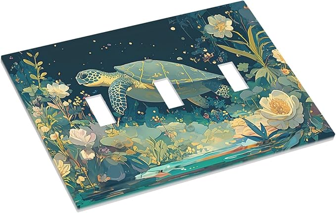 Decorative Switch Plates Fantasy Sea World Sea Turtle Floral Plant 3 Gang Wall Plate Triple Toggle Light Switch Cover Faceplate Electrical Wall Panels for Kids Room Nursery Decor