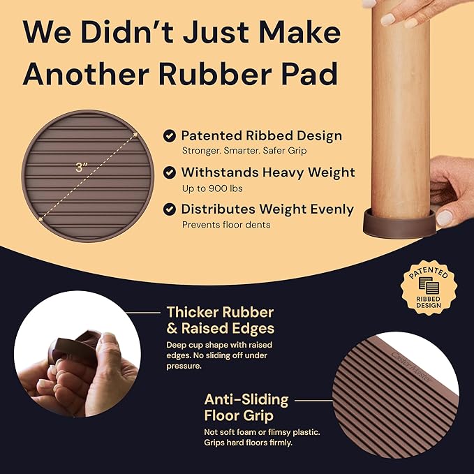 CasterMaster Non Slip Furniture Pads for Hardwood Floors - Circular (Brown, 3'' x 3'' - 4 Pack) - Round Furniture Cups & Chair Leg Floor Protectors for Scratch-Free Floors - Non Slip Caster Cups