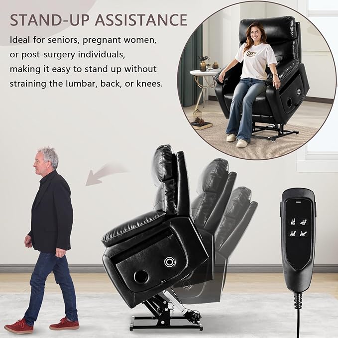 Dual Motor Power Lift Recliner Chair for Adult & Elderly, Infinite Position Lay Flat Lift Chair with Heat & Massage, Cup Holder, Lumbar Pillow, Wireless Charger, USB Ports, Leather (Black)