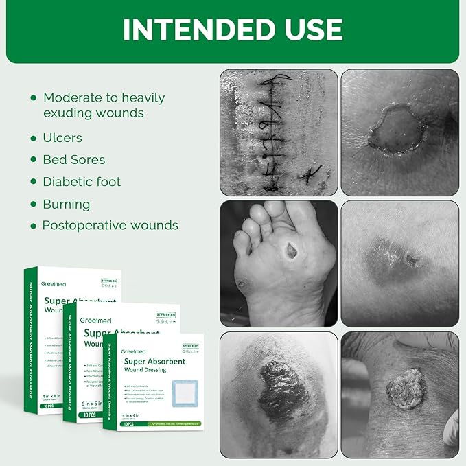 Super Absorbent Dressing for Wound Care 4" x 8" Individual Sterile Pack of 10 Nonstick Soft Surgical Gauze Pad Waterproof Wound Dressing Bandage for Heavily Exuding Wound Care