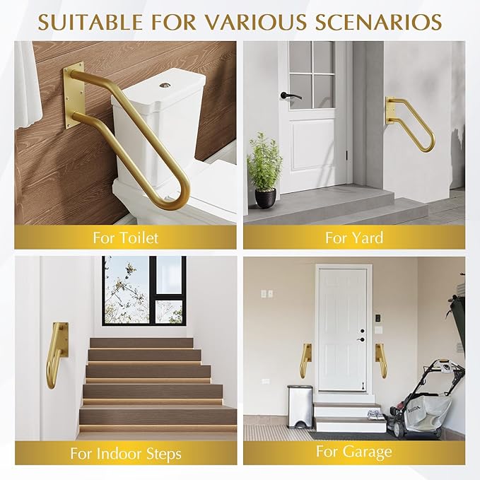 Hand Rails for Outdoor 1-2 Steps, Indoor Stairs, Bathroom, Wall Mount Non-Slip U-Shape Stair Hand Railing Gold 1 Pack